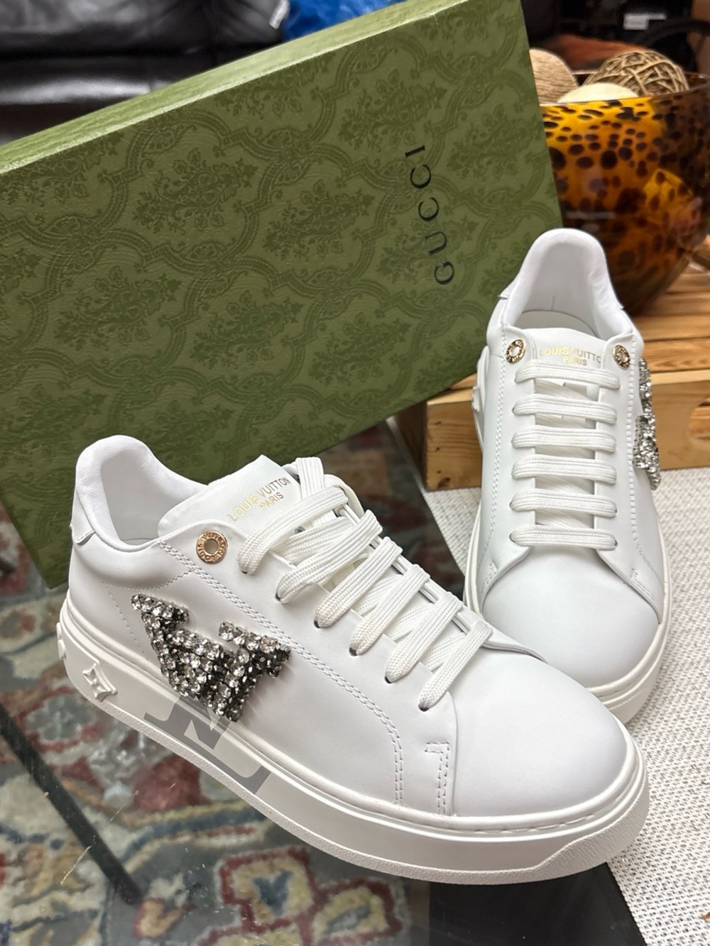 Louis Vuitton White Leather Women’s Sneakers with Crystal Monogram
